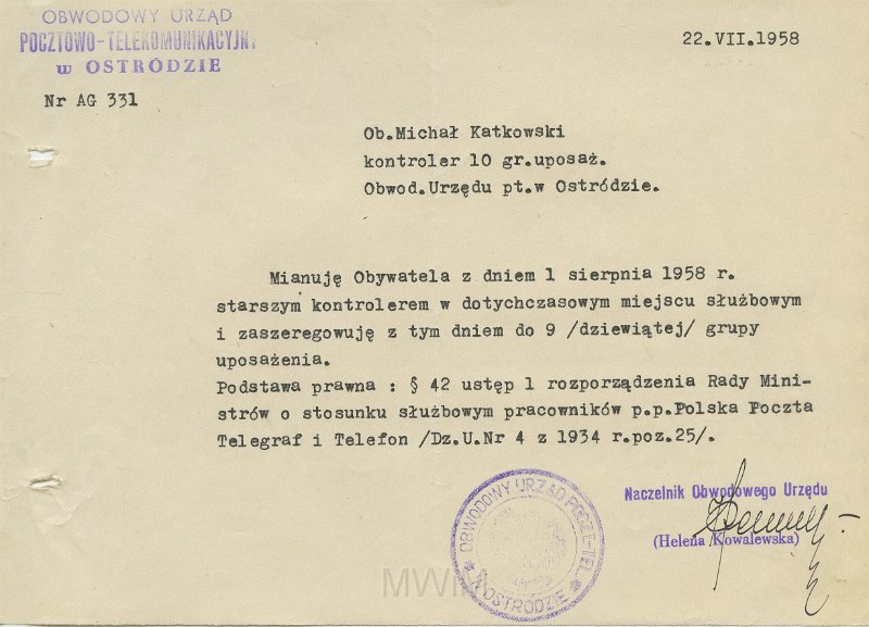 KKE 5582.jpg - Dok. Pismo z Obwodowego Urzędu Pocztowo-Telekomunijkacyjnego w Ostródzie do Michała Katkowskiego dotyczące awansu zawodowego, Ostróda, 22 VII 1958 r.